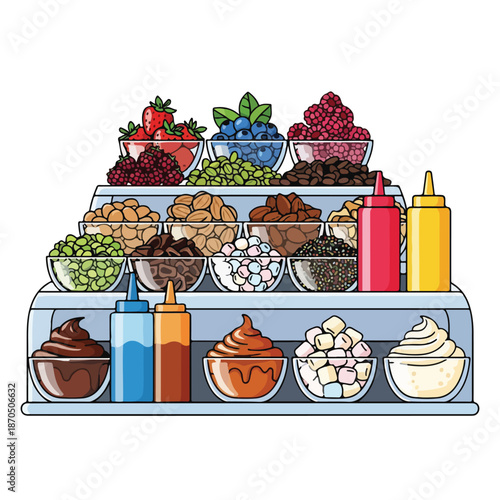 Colorful cartoon illustration of ice cream toppings
