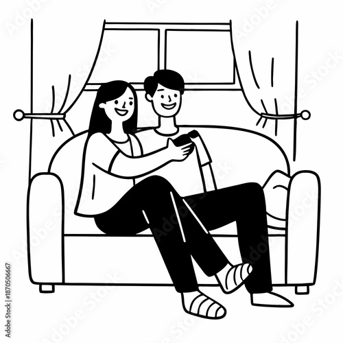 Young caucasian couple smiling and holding remote control while sitting on sofa at home