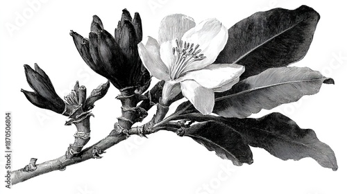 Minimalist black ink line-art illustration of a single banana-tree branch: a graceful arch of broad, ribbed leaves tapering to slender points