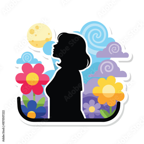 A woman's silhouette amidst colorful flowers and clouds