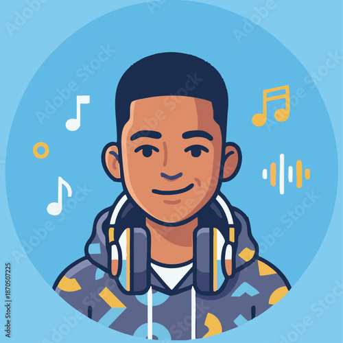 Friendly DJ Portrait
A flat vector illustration of a friendly DJ smiling confidently, wearing headphones around the neck. Simple background with musical icons. 