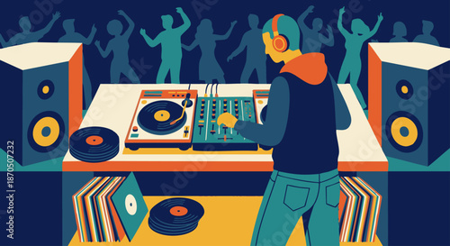 DJ Mixing at Turntables
A flat vector illustration of a DJ standing behind turntables, mixing music with headphones on. Mixer, vinyl records, and speakers visible. 