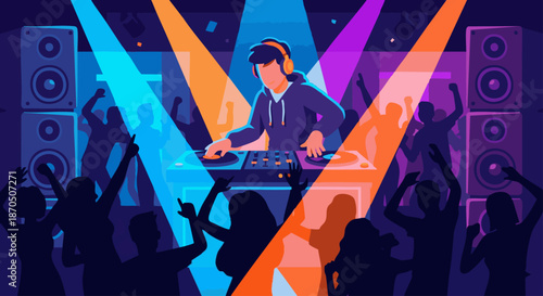 DJ Performing at Night Club
A flat vector illustration of a DJ performing on stage at a night club. Crowd silhouettes, light beams, and speakers appear in the background. 
