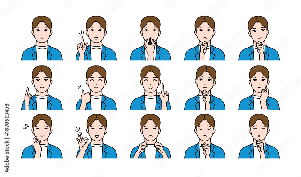 Obraz premium 若い男性の様々表情バリエーションセット ベクター 