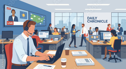 Journalist Working in Newsroom
A flat vector illustration of a journalist working in a newsroom with computers and colleagues in the background. Flat vector style, modern editorial workspace.