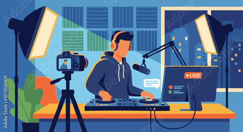 DJ Live Streaming Session
A flat vector illustration of a DJ live streaming from a home or studio setup. Camera, microphone, and lighting visible. Flat vector style blending music and digital content.