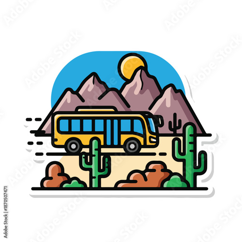 A yellow bus driving through desert