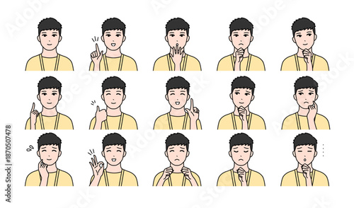 若い男性の様々表情バリエーションセット　ベクター	