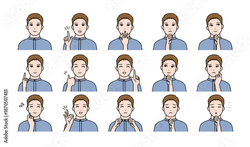 若い男性の様々表情バリエーションセット　ベクター	