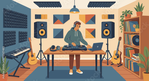 DJ in Home Studio
A flat vector illustration of a DJ practicing in a home studio. Speakers, sound panels, and music gear visible. Flat vector style, cozy and creative atmosphere.