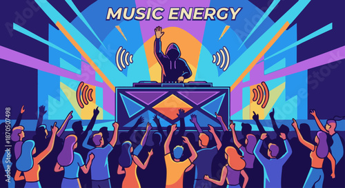 DJ Crowd Interaction
A flat vector illustration of a DJ raising one hand while the crowd responds energetically. Music wave icons and lights around. Flat vector style, strong performance energy.