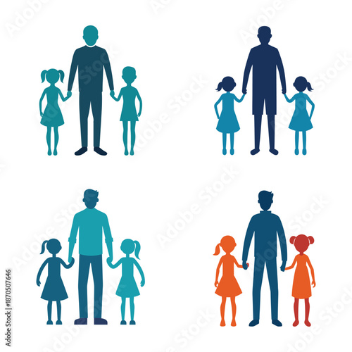 Single Father Holding Hands With His Two Daughters Silhouette Vector Illustration Set