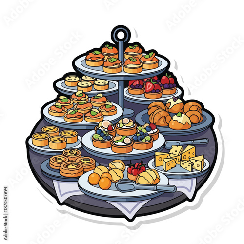 A three-tiered serving dish with various pastries and cheeses