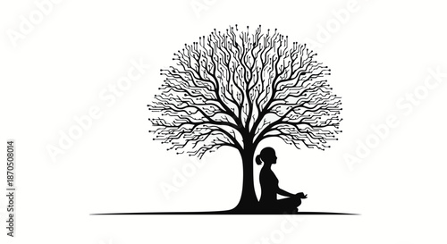 Serene silhouette of a woman meditating peacefully under a large, stylized tree.