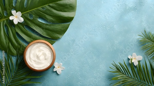 Natural Skincare Flat Lay with Green Bottles and Fern Leaves for Clean Beauty and Wellness Branding