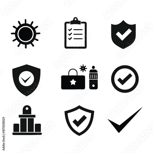 Black and White Security Shield and Document Compliance Verification Icon Vector Set.