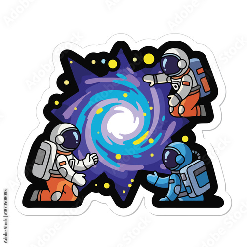 Astronauts in space suits near a swirling galaxy