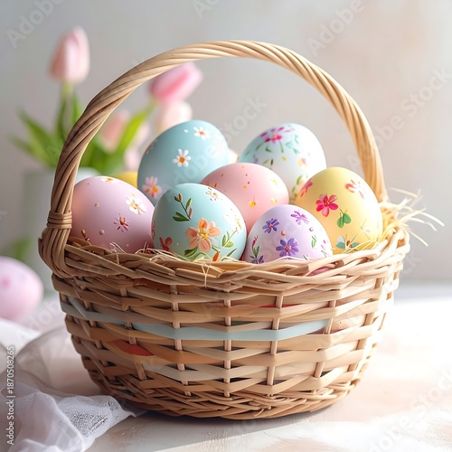 Basket with hand-painted Easter eggs nestled among straw; tulips blurred in background
