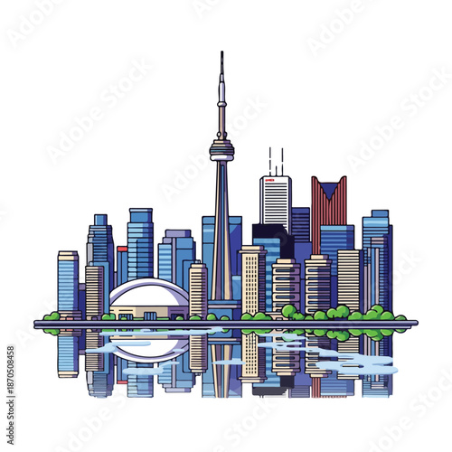 A vibrant city skyline with a tall tower and many buildings