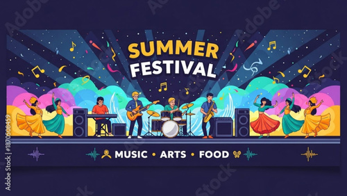 Vibrant summer festival scene with live band performing on stage surrounded by dancing crowd under starry night sky with colorful lights and music notes