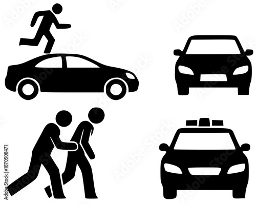 Set of car and street incident pictograms. Silhouettes of police car, person running on car roof, and street conflict