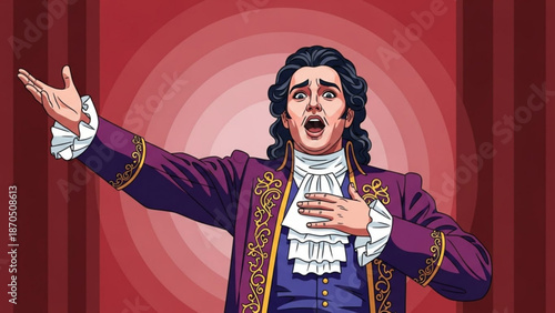 A man in a purple and gold jacket with a white ruffled shirt gesticulates dramatically on a red stage background with his arm outstretched and hand on his chest