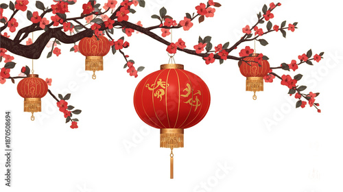 Chinese Red Lanterns with Plum Blossom Branch on Transparent Background, Lunar New Year Decoration