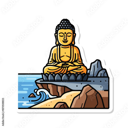A serene Buddha statue sits on a cliff overlooking the ocean