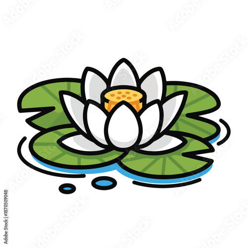 A white lotus flower on green lily pads