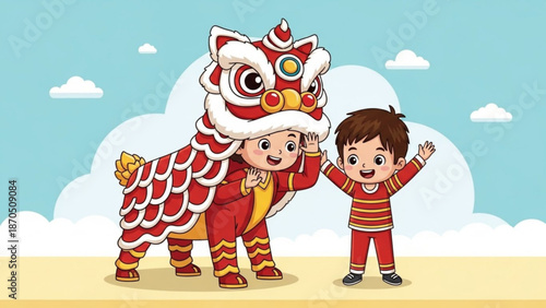 Chinese lion dance performer and happy child in red costumes celebrating together outdoors with chinese culture and traditional costume and celebration