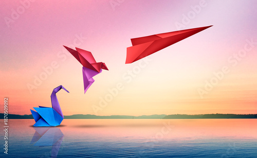 Succeed And Transform or Success transformation and improving as a leadership in business through innovation and evolution concept with paper origami changed for the better. 