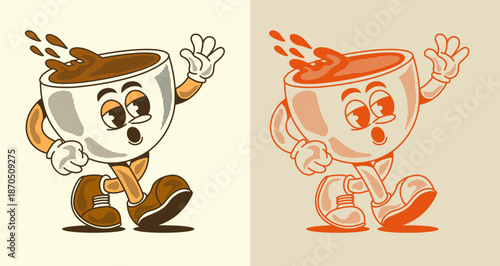 Retro cartoon coffee cup mascot character illustration in vintage style with a cute cheerful expression