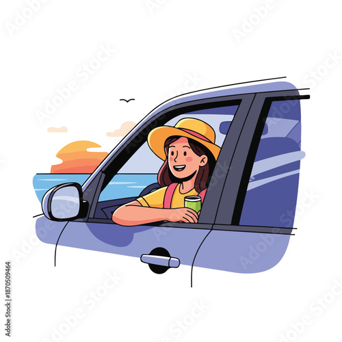 A woman in a car with a drink