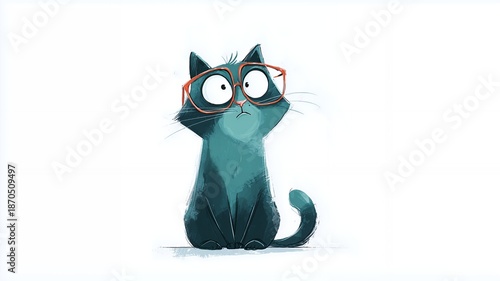 Stylish cartoon cat illustration with glasses in teal color, isolated on white background with modern playful aesthetics