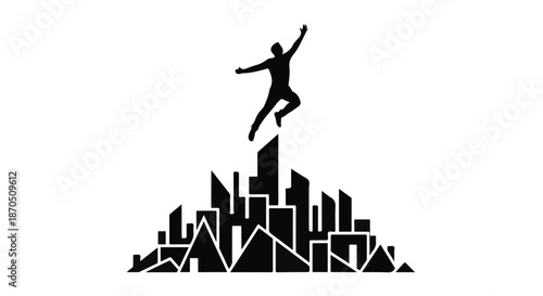 Silhouette of a person jumping triumphantly at the peak of a stylized city skyline.