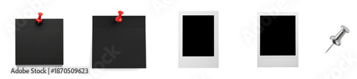 Professional stationery set featuring black sticky notes with red pins and blank polaroid photo frames with a silver thumbtack isolated on transparent background