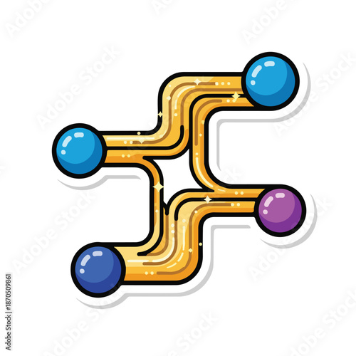 A stylized illustration of interconnected golden pathways with colorful orbs