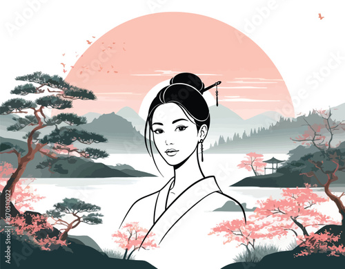 059-41-Japanese woman featuring ornate hair with a traditional oriental landscape during sunrises