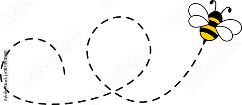 Bee With Dash Line Icon. Captivating Dotted Lines Trace Spirals, Loops, and a Heart Shape Through the Sky. Flying bee route and line path on dotted route. Template design for invitation, cards.