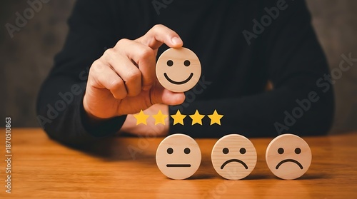 A hand holding a happy face icon over a three-star rating, symbolizing positive customer satisfaction