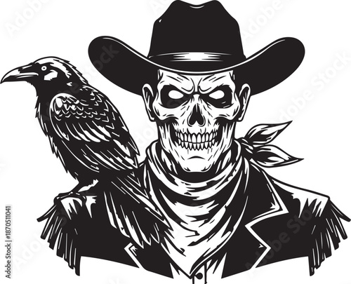 A skeletal cowboy wearing a hat and bandana, with a raven perched on his shoulder silhouette vector black on a white background