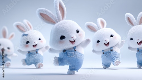 Cute White Cartoon Rabbits Group Illustration
