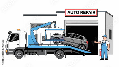 Vector illustration of a tow truck loading a car for auto repair
