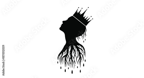 Silhouette of a woman with a crown, her roots reaching down, symbolizing strength and growth