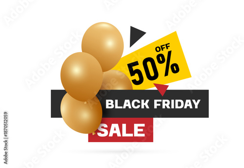 Black Friday sale promotional campaign sign and yellow 50% off discount sign are attached to gold balloons that are floating in the air, vector 3d illustration isolated for banner advetising design