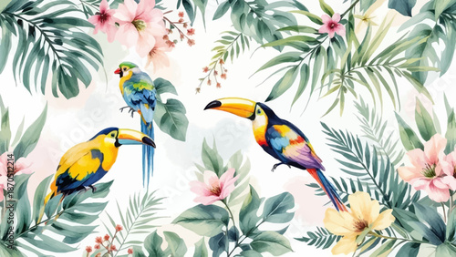 Elegant tropical wallpaper illustration featuring exotic birds, parrots, and toucans among pastel botanical leaves and flowers. Soft watercolor style ideal for interior decor, fashion, packaging, and 