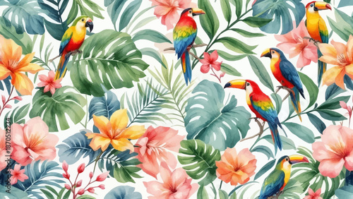 Elegant tropical wallpaper illustration featuring exotic birds, parrots, and toucans among pastel botanical leaves and flowers. Soft watercolor style ideal for interior decor, fashion, packaging, and 