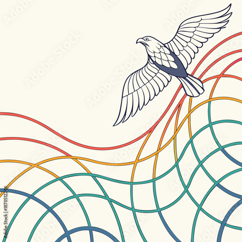 Vibrant dove soaring through colorful dynamic waves