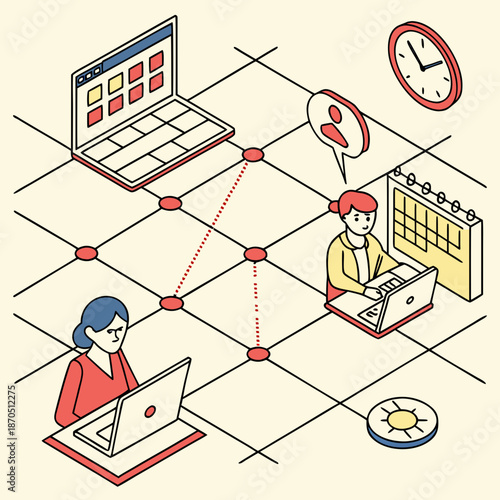 Remote team members collaborating online with laptops and calendar