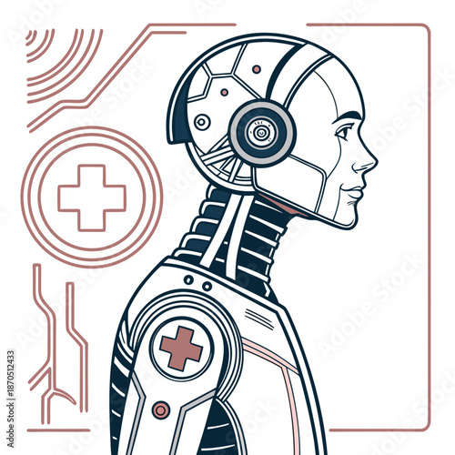 Robot nurse with medical cross symbol on shoulder and futuristic design elements